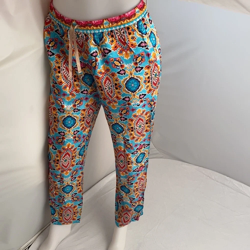 Hale Bob Peliah silk charmeuse pants in turquoise multicolor print M - Picture 3 of 13